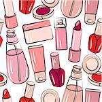 Seamless pink pattern with various stylized cosmetics