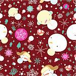 seamless pattern of bright funny snowmen on burgundy background with snowflakes and Christmas trees