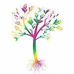 Colorful art tree with roots isolated on white background