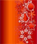 Red Christmas background with hanging balls and snowflakes