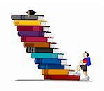 Cartoon illustration of a boy who climbing the stairs made of books