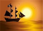 Iconic illustration of a pirate ship at the sunset