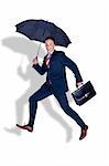 Happy manager running with a case under umbrella