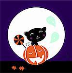 Cute stylized Cat character, Halloween Midnight scene. Vector cartoon Illustration.