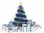 white and blue christmas tree with gifts on white background - rendering