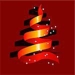 Stylized christmas tree made of red ribbon with snow