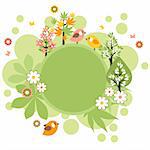 Green round easter frame  with birds,trees and flowers