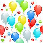 Many-colored balloons and confetti in seamless pattern