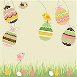 Painted easter eggs and birds on light beige background