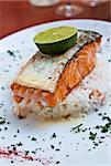 grilled salmon with sauce and lemon