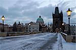 Czech Republic, Prague, winter, snow, Charles Bridge with illuminated