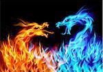 Abstract blue and red fiery dragons. Illustration on black background for design