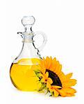 Sunflower oil bottle and flower isolated on white