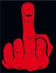 Red hand show the middle finger sign. Vector illustration isolated on black background.