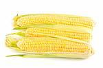 Three ripe yellow corn on the cob on a white background