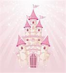 Illustration of a Fairy Tale princess pink castle on radial background