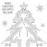Christmas Tree from circuit board with Digital Snowflake, element for design, vector illustration