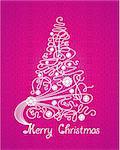 Merry Christmas purple vector card. Tree on lace background