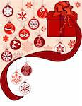 Christmas greeting card with gift box and hanging balls