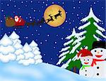 Santa Claus on sledge with Magic Deers flying over night winter, vector illustration background