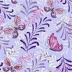 Gentle violet repeating floral pattern with pink-lilas leaves and butterflies (vector)