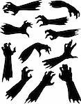 Halloween set of scary zombie hands silhouettes