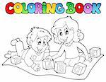 Coloring book with kids and bricks - vector illustration.