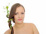 Beautiful spa woman with long healthy hair and pure skin with a bamboo. isolated on white background