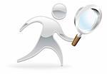 Metallic cartoon mascot character magnifying glass search concept