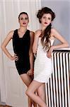 long shot of two beautiful girls with amazing hair styles and elegant dress posing indoor near an old fashion door posing with attractive poses looking towards the camera