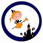 Cute Witch girl flying around Halloween haunted castle. Vector cartoon Illustration.