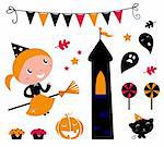 Cute little Halloween Witch, various items for celebration. Vector