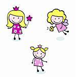 Collection of Doodle princess characters. Vector cartoon Illustration.
