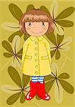 Happy young gril in red wellingtons and yellow raincoat - autumn day. Vector