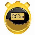 Digital stopwatch in modern oval style set in a gold case with a black and brown clock face. Isolated on white.