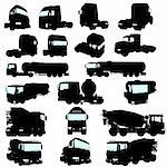 Big collection of high detail trucks silhouette. Vector illustration.