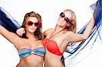 two young happy female friends in bikini tops smiling- isolated on white