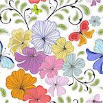White seamless floral pattern with pastel flowers and butterflies (vector)