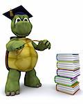 3D render of Tortoise teacher with a stack of books