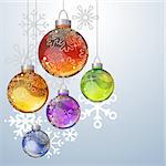 Christmas background with bright glass balls and contour snowflakes