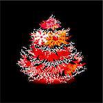 Red Christmas tree on black made of contour snowflakes