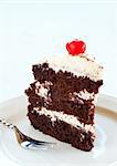 Slice of Black Forest cake with fresh cream and cherries, served on a white plate with silver fork