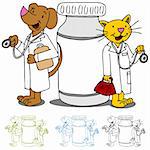 An image of cat and dog doctors next to a bottle of medicine.