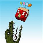 An image of a house floating above a hungry monster.