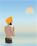 an illustration of a sikh man bathing in the waters of the holy pool under a sunset sky