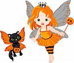 Illustration of Halloween baby fairy and her cat