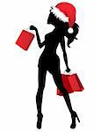 Black silhouette of young woman in Santa cap with bags