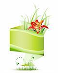 Origami green background with flowers and butterflies