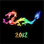 Abstract fiery rainbow dragon. Illustration on black background for design