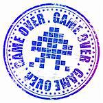 Rubber stamp illustration showing "GAME OVER" text and space invader symbol. Also available as a Vector in Adobe illustrator EPS format, compressed in a zip file